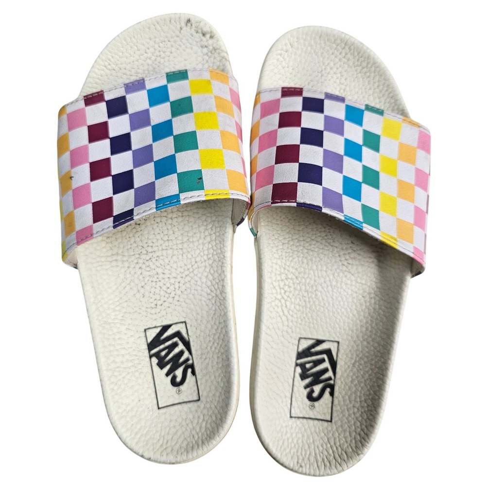 Vans La Costa Slide-On Rainbow Checkerboard Sandals Womens 9 White Multi 721454